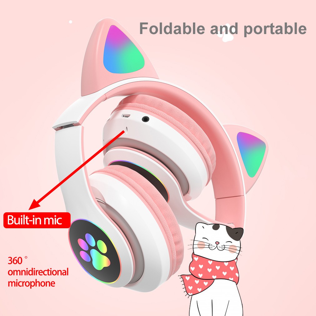 LED Cat Ear Noise Cancelling Headphone Pink Wireless headphones Girl ...