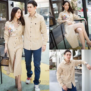Vsm ชุดคู่รัก แม็กซี่ยาว ติดดอกข้างๆๆ ทรงสามารถใส่ได้หลากขนาด ใช้ผ้าลายริ้วในการตัดเย็บชุด