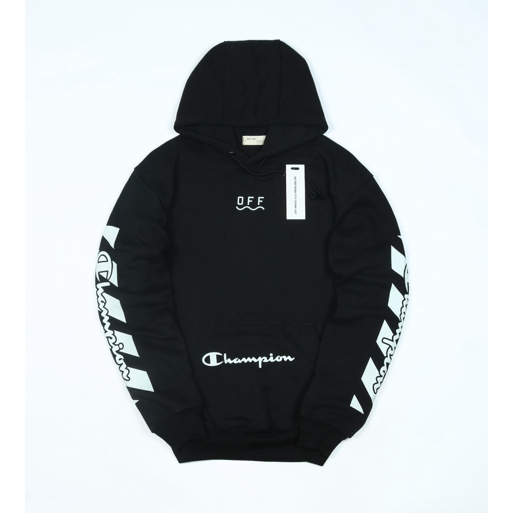 OFF-WHITE X CHAMPION HOODIE SWETER JACKET FULLTAG & LABEL CASUAL HYPEBEAST PREMIUM BLACK