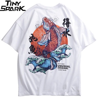 เสื้อยืด พิมพ์ลายตัวอักษรจีน Koi Fish สไตล์ฮิปฮอป ฮาราจูกุ แนวสตรีท แนวเรโทร สําหรับผู้ชาย