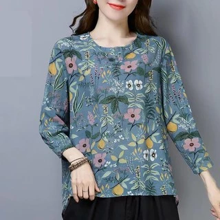 เสื้อแขนยาว ลายดอกไม้ คอกลม เนื้อผ้าเบาบางนิ่ม สวมใส่สบาย