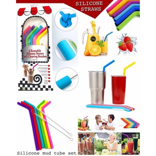 หลอดน้ำดื่มซิลิโคน แบบงอ พร้อมแปรงล้าง silicone straw set