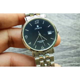 นาฬิกา Vintage มือสองญี่ปุ่น JEMIS WATER RESIST ระบบ Quartz UNISEX ทรงกลม กรอบเงิน หน้าปัดสีน้ำเงิน หน้าปัด 37mm