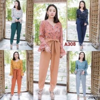 จั้มสูทผ้าโฟร์เวย์แต่งลายศิลป์ แขนระบาย 2 ชั้น