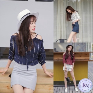 🎏Korea NEW เสื้อแขนห้าส่วน ผ้าลินิน ใส่สบาย สายเดี่ยวปาดไหล่ แต่งเชือกผูกหน้าอกเก๋ๆ