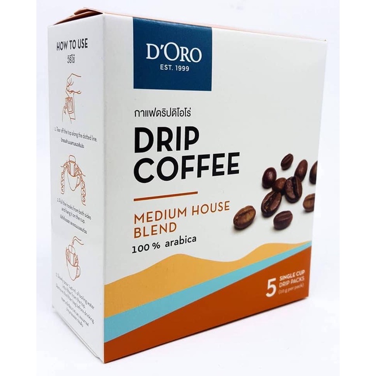 Doro drip coffee medium house blend 100% arabica ดีโอโร่ กาแฟดริป มีเดี่ยม เฮาส์ เบลนด์ 20g 5 drip pack