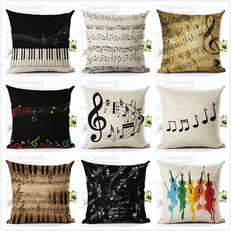 YWZN Retro Musical Note หมอนผ้าฝ้ายผ้าลินินหมายเหตุโยนหมอนกรณีเครื่องดนตรีตกแต่งปลอกหมอน hoofdkussen