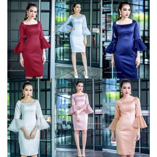 เดรสสั้น เดรสปาดไหล่แขนยาว ชุดใส่ออกงาน ชุดไปงานแต่ง ปลายแขนระฆัง งานผ้าซาร่าเงา เรียบหรู ดูแพง