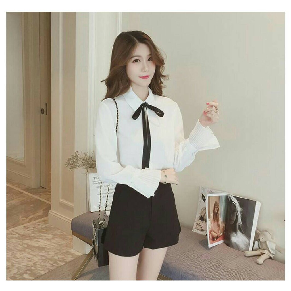 เสื้อผู้หญิง ผ้าชีฟอง แขนยาว ปลายแขนอัดพีท แต่งโบว์ผูกคอ น่ารัก