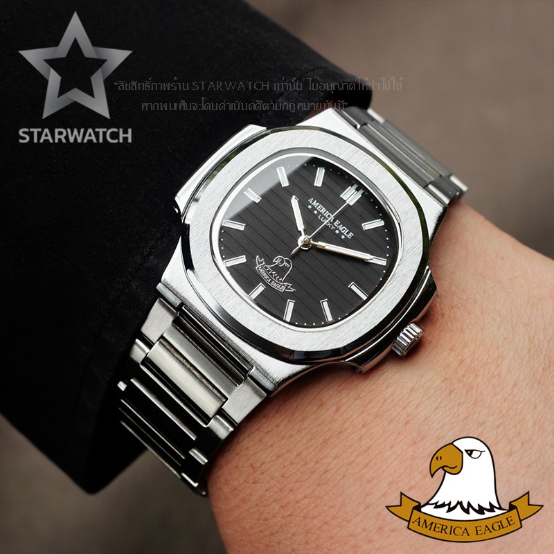 ✶☏AMERICA EAGLE นาฬิกาข้อมือผู้ชาย สายสแตนเลส รุ่น AE8014G – SILVER/BLACK