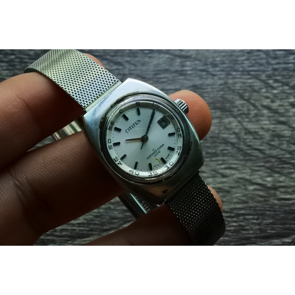 นาฬิกา Vintage มือสองญี่ปุ่น CITIZEN COSMO STAR ระบบ AUTOMATIC ผู้หญิง ทรงกลม กรอบเงิน หน้าเงิน หน้าปัด 23mm