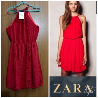 Zara ใหม่ป้ายห้อย เดรสเอวยืดผ้าดีมีซับในแพทเทิร์นเก๋สีแดงเข้ม