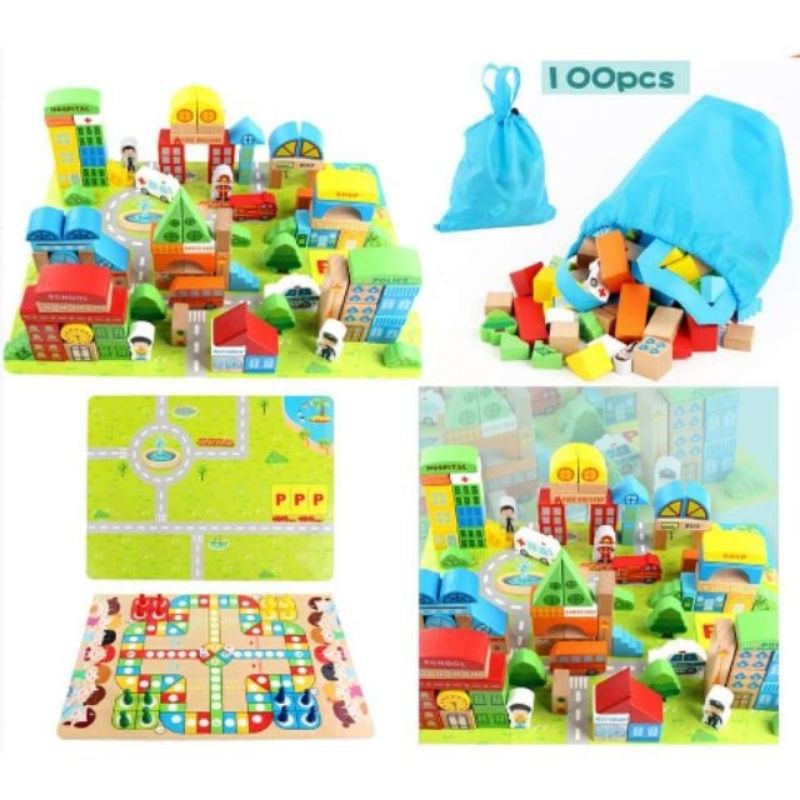 #บล็อกไม้สร้างเมือง พร้อมผังเมือง  100 ชิ้น