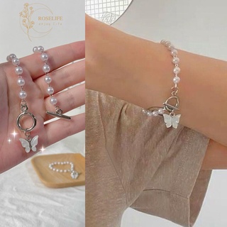 Roselife Butterfly Charm Pearl Beaded Chain Bracelet Vintage Bangle Jewelry Gift for Girlfriend