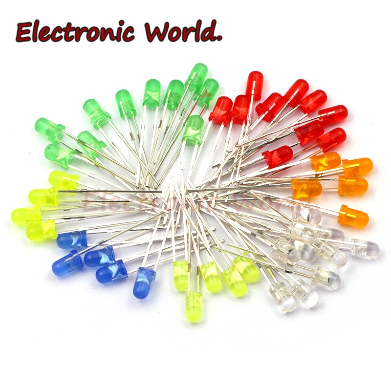 ไดโอดไฟ LED 3 มม. ขาว เขียว แดง ฟ้า เหลือง ส้ม ชมพู ม่วง DIY 100 ชิ้น
