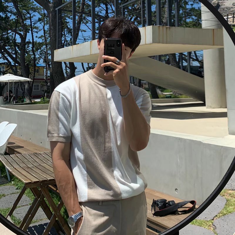 2022แขนสั้นผู้ชาย 3 สีM-3XLฤดูร้อนผ้าไหมน้ําแข็งBreathableบางสไตล์เสื้อถักธุรกิจขนาดเล็กคอสูงเสื้อยืดHigh-Endผู้ชายT