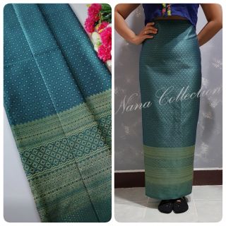 🎁ของขวัญวันแม่ ผ้าไทยสีเขียวอมฟ้าน้ำทะเล ผ้าไหมสังเคราะห์ ลา…