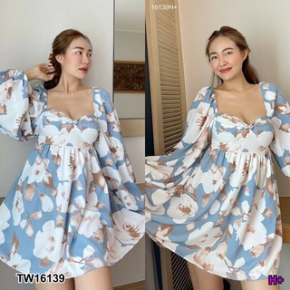 👗Pfashion [ส่งไว!!🚛] P16139 เดรส เว้าหลัง ลายดอก แขนพองแขนยาว ปลายแขนยางยืด หลังคาดด้วยยางยืด