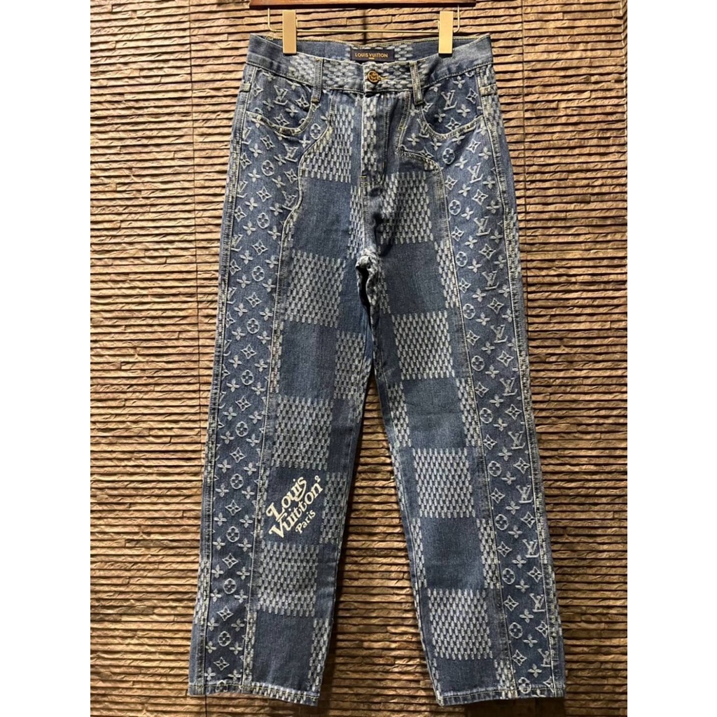 LOUIS VUITTON LV2 X NIGO GIANT DAMIER WAVES MONOGRAM MELTED DENIM JEANS กางเกงยีนส์ขายาว ทรงกระบอก ห