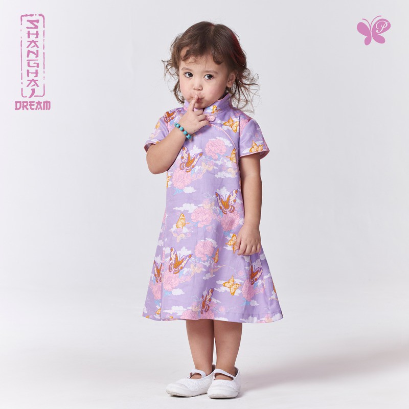 Papillon Girl  Shanghai Dream Satin Dress เดรสตรุษจีน พิมพ์ลายผีเสื้อและดอกไม้ สำหรับเด็ก - รูปที่ 2