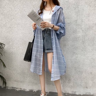 เสื้อคลุมตัวยาว Plaid long hooded jacket