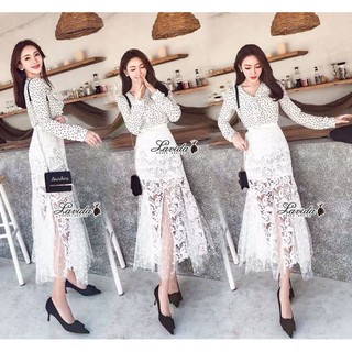 งานเซต เสื้อ+กระโปรง 🌺Korea Design By Lavida Ivory floral lace dot printing feminine set