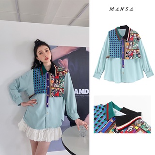 MANSA vintage print shirt เสื้อลายวินเทจ เสื้อเชิ้ตเเขนยาว เสื้อโอเวอร์ไซส์