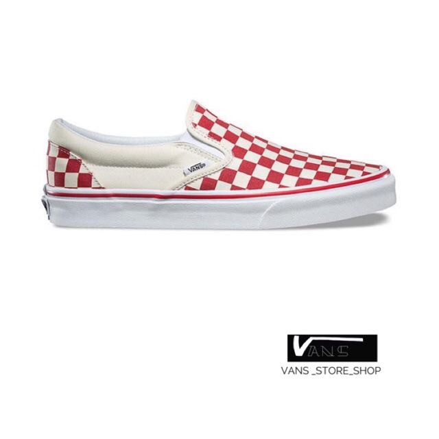 red and white slip ons