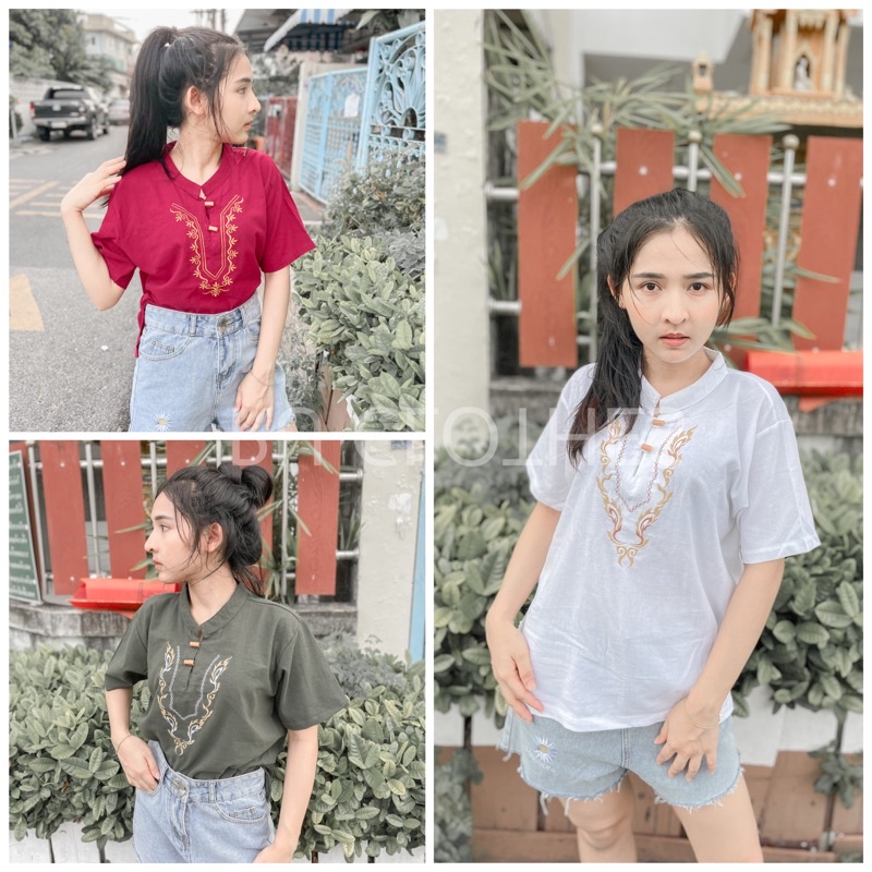 เสื้อคอจีน ปักลาย สไตล์พื้นเมือง สวยเก๋ (แขนสั้น)
