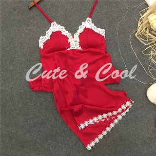 พร้อมส่ง! ชุดนอนผ้าซาติน แถมฟรีฟองน้ำเสริมทรง