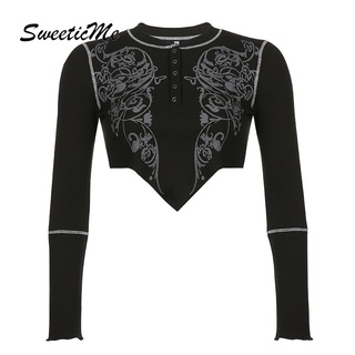 Sweeticme  ใหม่เสื้อยืดลําลองสําหรับสตรีแขนยาวพิมพ์ลายติดประดับเพชร