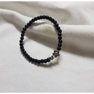 Onyx stone bracelet กำไลหินนำโชค นิลดำ ป้องกันสิ่งชั่วร้าย จี้ดอกไม้เงินแท้