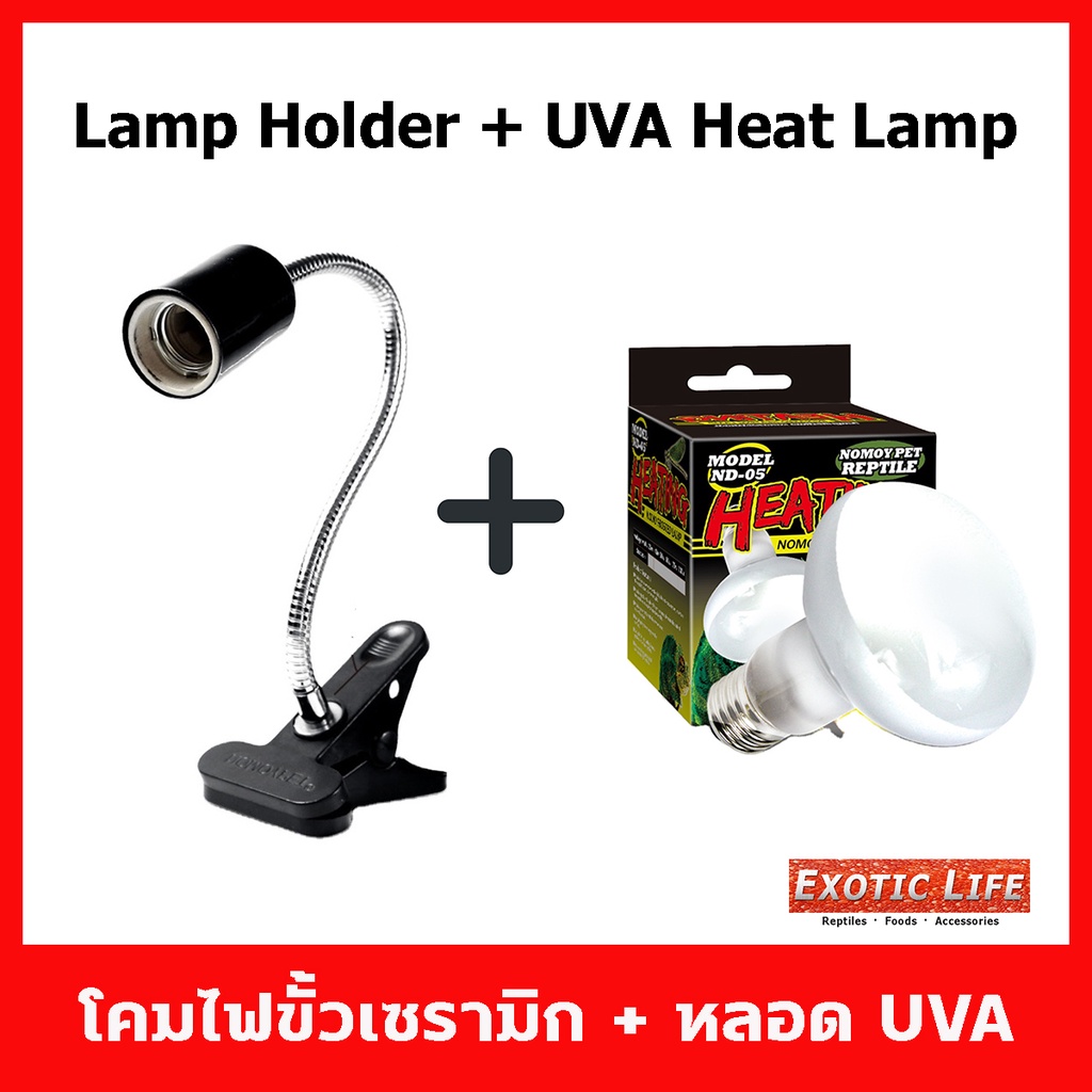 ชุดโคมไฟขั้วเซรามิกแบบขาหนีบพร้อมหลอดUVAให้ความร้อน โคมคอยาวดัดได้มีสวิตซ์ให้เลือก 2 แบบ แบบมีดิมเมอ