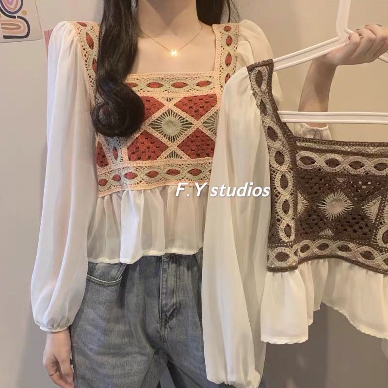 𝙁.𝙔 𝙨𝙩𝙪𝙙𝙞𝙤𝙨 พร้อมส่ง NO.55 NEW ARRIVALS เสื้อคอยูแขนยาวผ้าชีฟอง เย็บติดกับเสื้อกั๊กผ้าทอ น้อนน่าร้ากกก