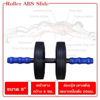 [เพลาเหล็กตัน, หน้ายาง 4ซม.] Roller abs wheel 8" ลูกกลิ้งบริหารหน้าท้องล้อคู่ มือจับน้ำเงิน (Roller ABS Slide)