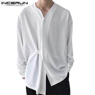 Incerun เสื้อเชิ้ตแขนยาวคอวีทรงหลวมสีพื้นแฟชั่นบุรุษ