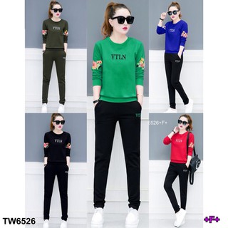 TwinsShopVip💗พร้อมส่ง TW6526 Set 2 ชิ้น เสื้อแขนยาว สกรีนลายดอก+กางเกงขายาว