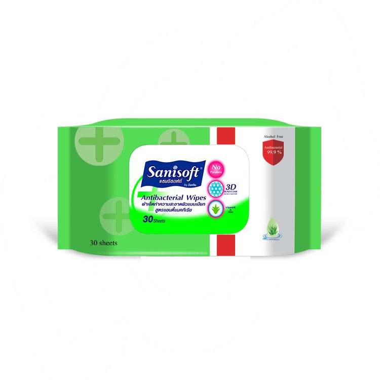 Sanisoft Antibacterial Wipes / แซนนิซอฟท์ ผ้าเช็ดทำความสะอาดผิวอเนกประสงค์ สูตรแอนตี้แบคทีเรีย 30ชิ้