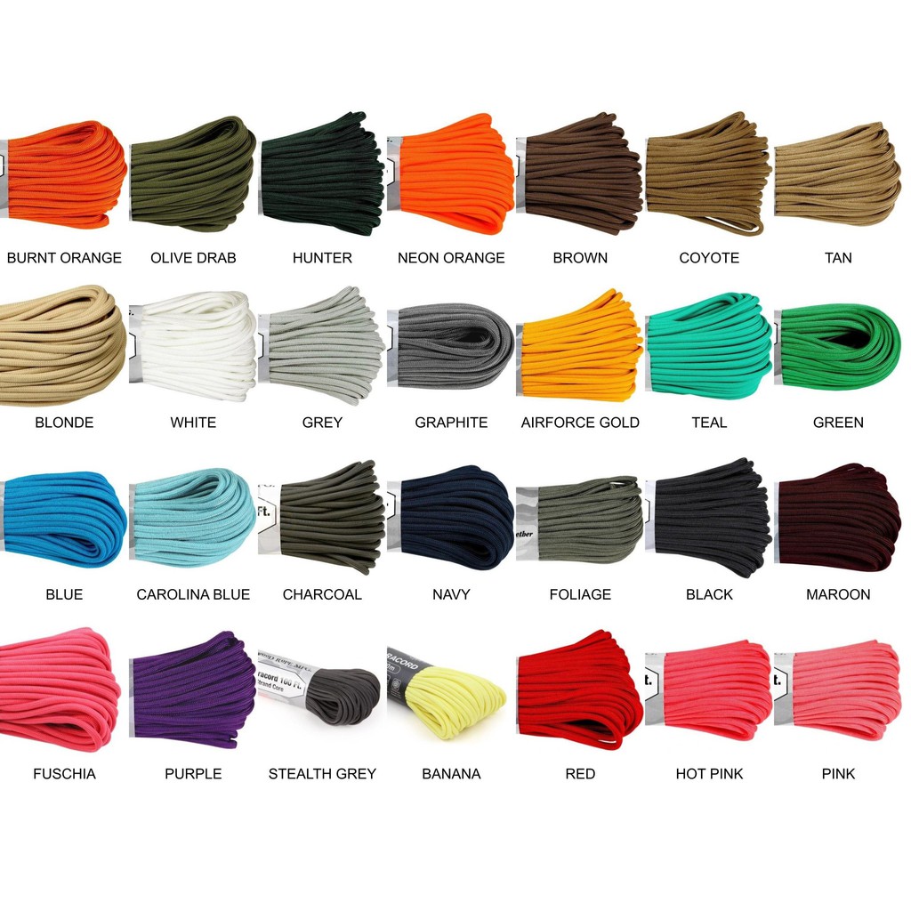 Atwood 550 4mm Paracord Cord 100ft (30m) - สีทึบ, 7 Strand Core, 550lb (249kg) Survivorcord Tali Per
