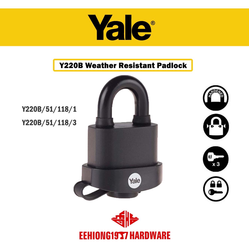 Yale y220b/51/118/1 51 มม.Y220B/51/118/3 สีดํา Weatherproof Padlock พร้อมฝาครอบป้องกัน y220b-51-118-