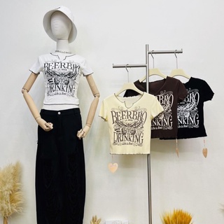 siwashop #3510 เสื้อครอป สไตล์ Y2K แต่งกุ๊นขอบผ้า ขอบหยักริ้ว สกรีนลายเต็มตัวด้านหน้า สวยเท่ เก๋กู๊ดมากค่า