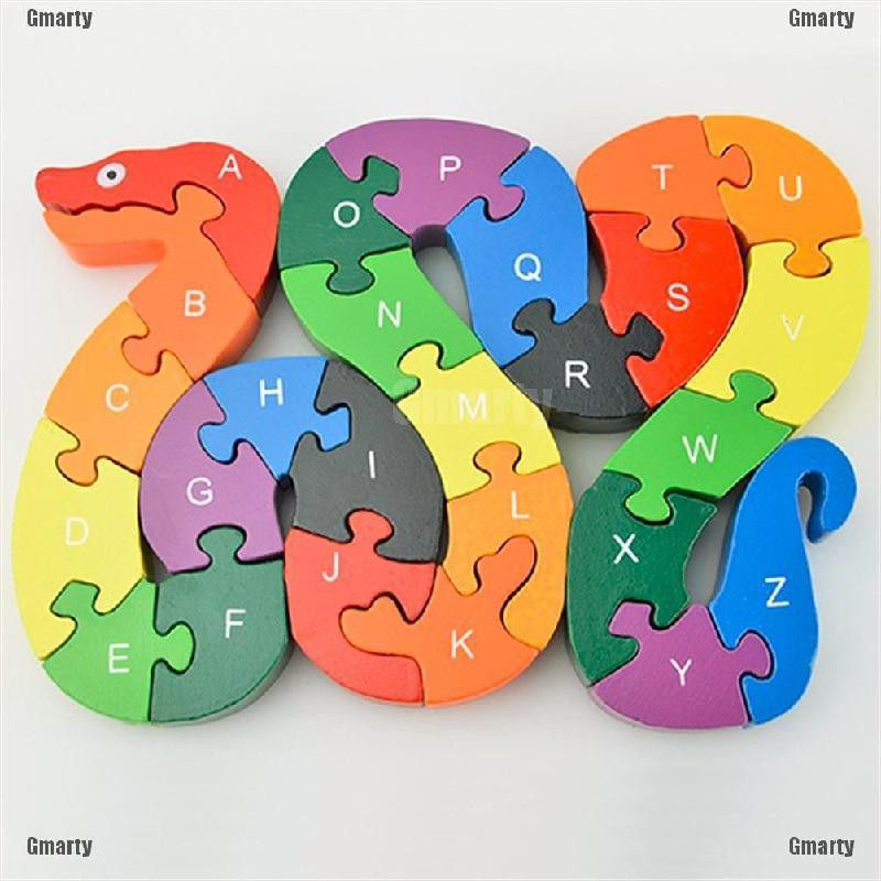 26pcs Alphabet Wooden Puzzle Jigsaw Kids Number Block Preschool Snake Toy JS
