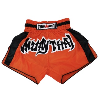 THAISMAI BS1130 กางเกงมวยไทย กางเกงมวย ผ้าร่ม-ส้มขอบแถบดำ ปักมวยไทย - THAI BOXING SHORTS RED NYLON BLACK STRIP MUAYTHAI