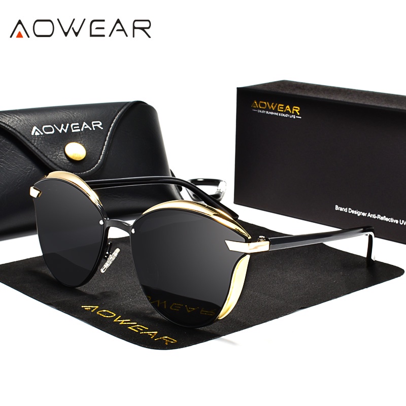 Aowear Polarized Cat Eye Sunglasses Women Luxury Mirror Cateye Vintage Sun Glasses Ladies 