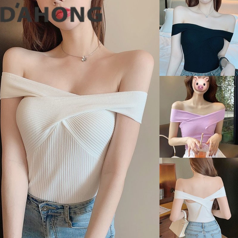 Dahong 7101 เสื้อครอป เสื้อกล้าม เสื้อกล้ามผู้หญิง เปิดไหล่ ผ้าไหมพรมชักร่อง
