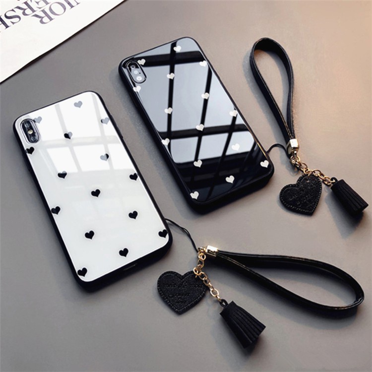 เคสโทรศัพท์มือถือกระจกนิรภัย ลายหัวใจ และเชือกคล้อง สําหรับ iPhone 15 14 Plus 13 12 11 Pro Max X XS XR 7 8 6 6s Plus se 2020