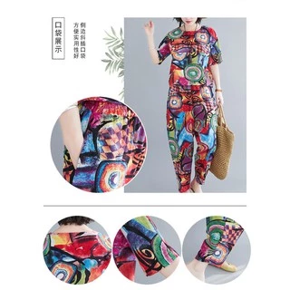 ชุดเซตผู้หญิง สองชิ้น เสื้อเเขนสั้น+างเกง9ส่วน พิมลาย ผ้านิ่มใส่สบาย128