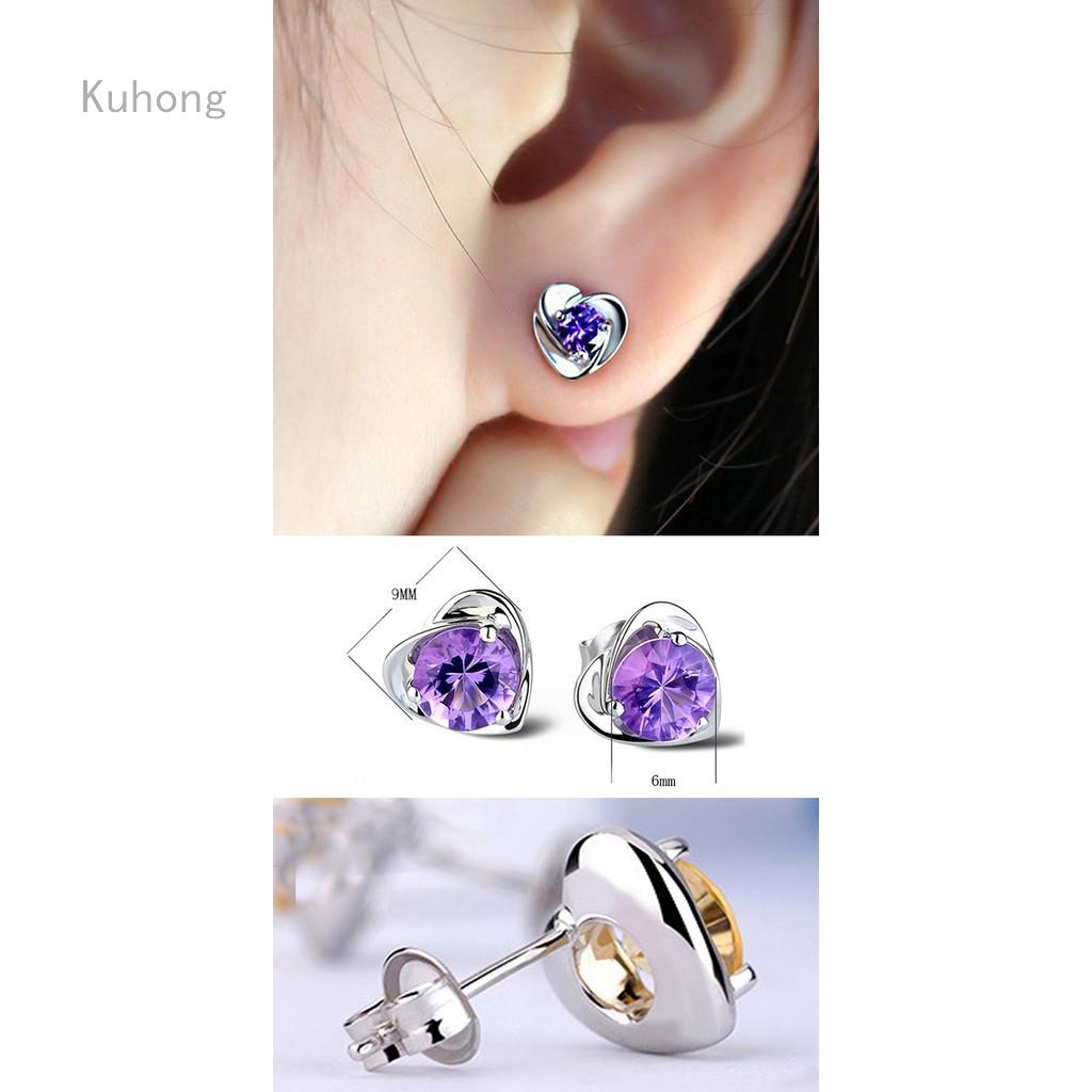 ต่างหูคริสตัลชุบเงินทรงหัวใจ Amethyst 925