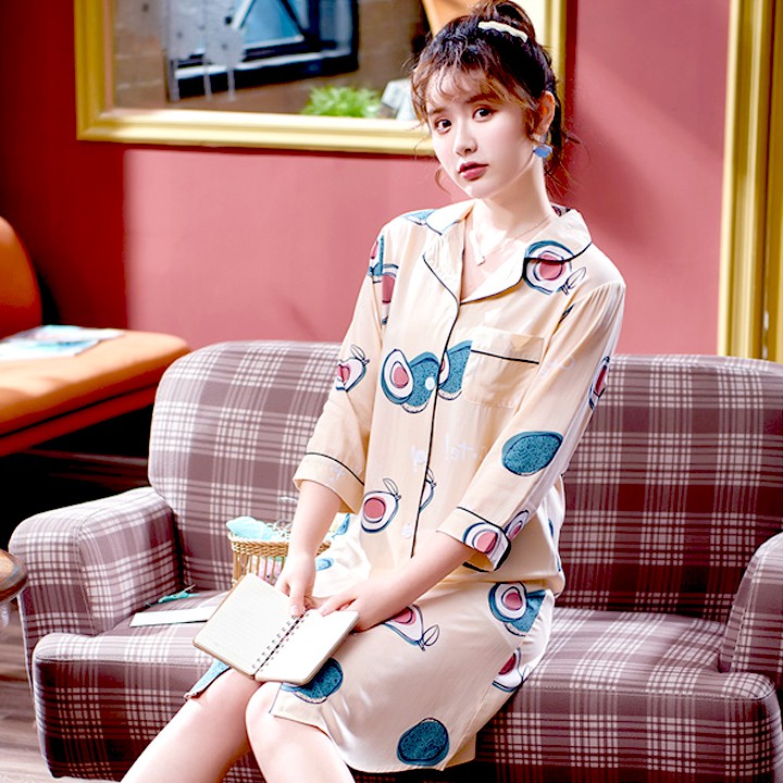 บาท157 ชุดนอนผ้าไหมน่ารักเดรสเสื้อผลไม้น่ารัก