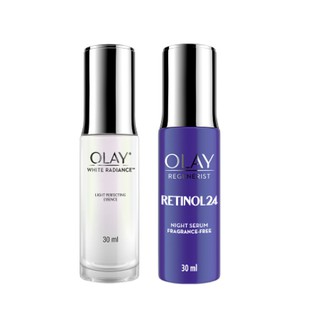 Olay ไวท์ เรเดียนซ์ เอสเซ็นส์ เซรั่มสูตรผิวโกลว์กระจ่างใส 30ml + เรตินอล24 ไนท์ เซรั่ม สูตรลดเลือนริ้วรอย 30 ml.